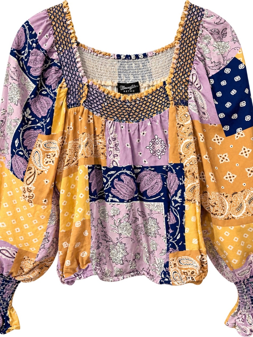 Wrangler Retro Patchwork Bandana Peasant Blouse Western Boho M